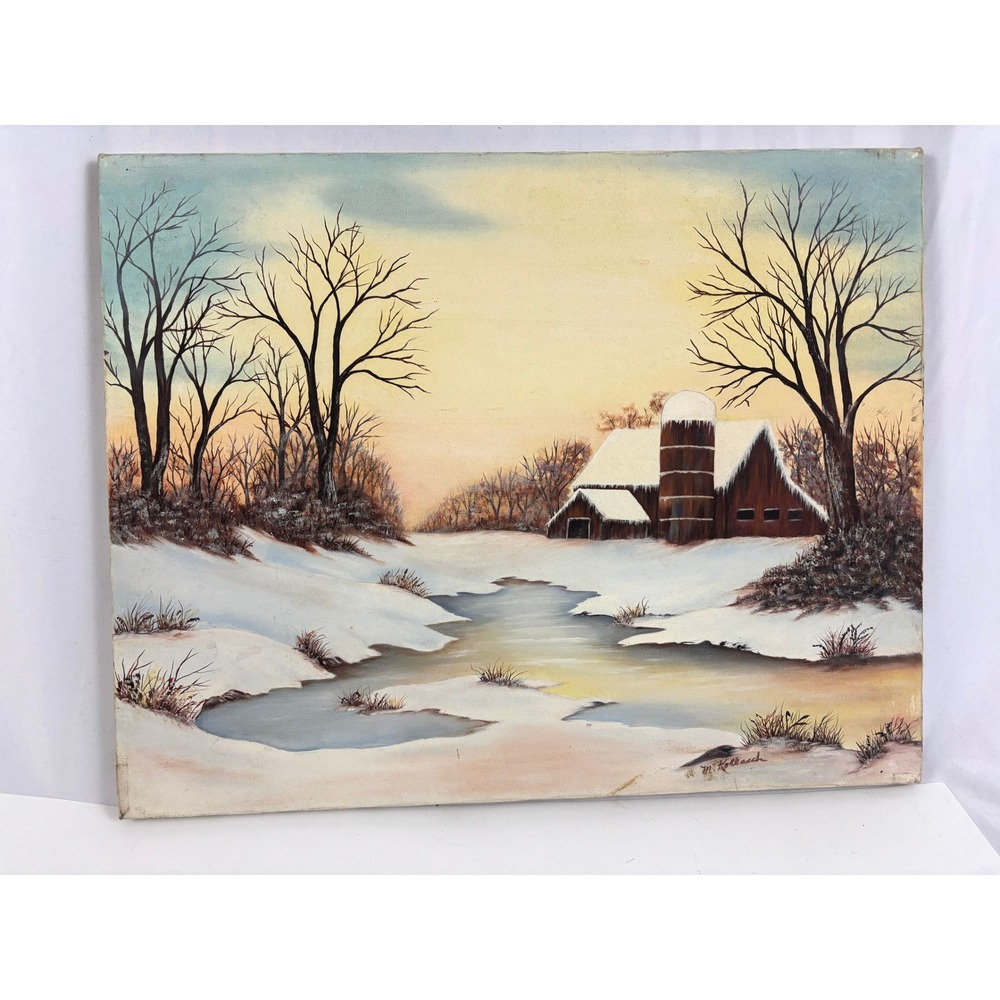 Original M Kollasch Winter Barn Oil‎ Painting 16x20 Signed Snow Farm Landscape